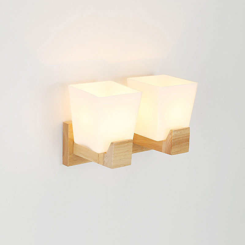 Lisslune | Simplicity Trapeze Wall Lamp White Glass Nightstand Wall Mount Lighting with Wooden Backplate