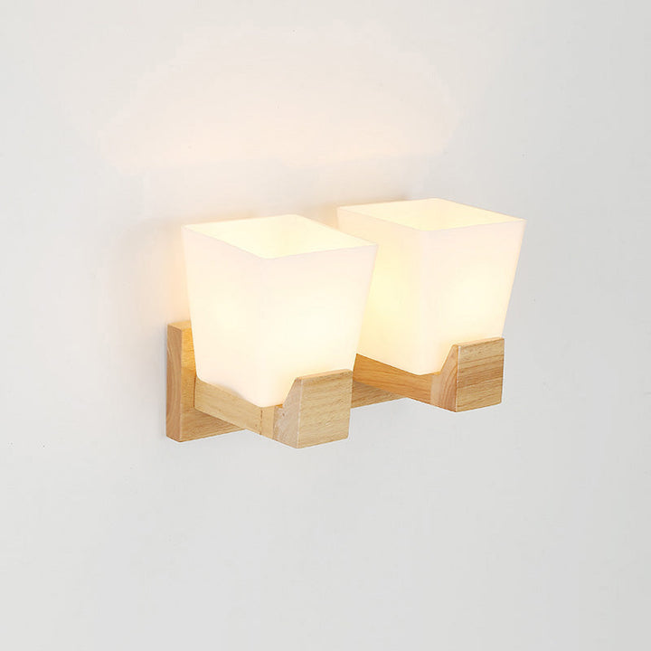 Lisslune | Simplicity Trapeze Wall Lamp White Glass Nightstand Wall Mount Lighting with Wooden Backplate