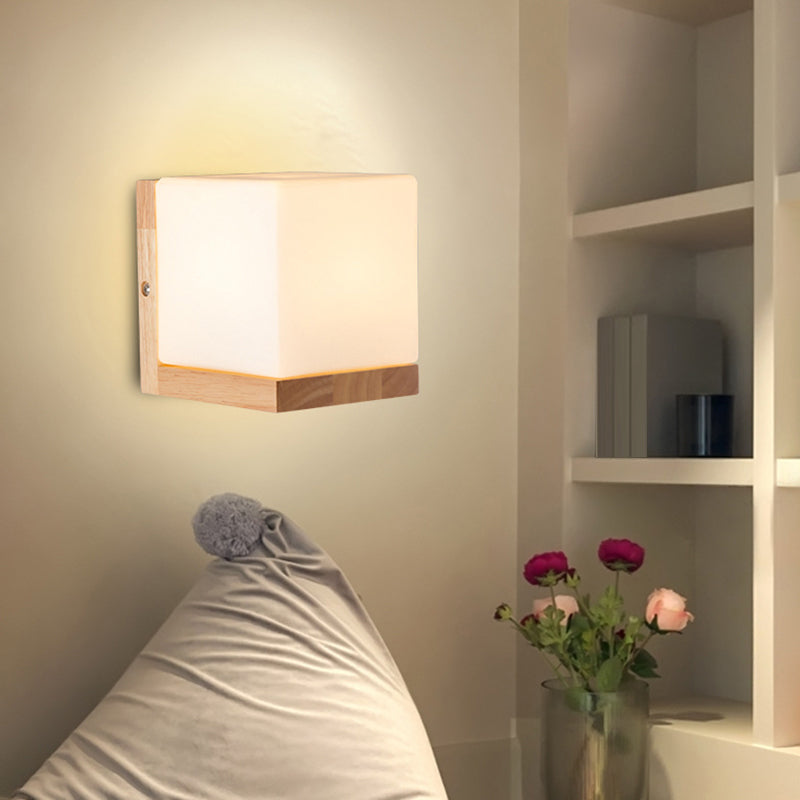 Lisslune | Cube-shaped Wall Light Nordic Style White Glass 1-light Nightstand Wall Lighting with Wood Backplate
