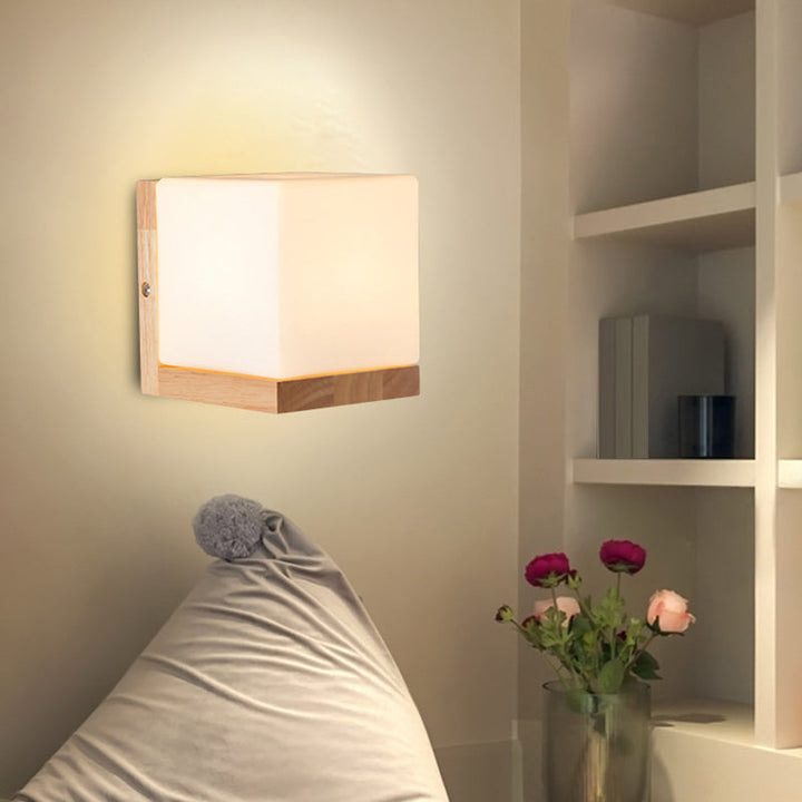 Lisslune | Cube-shaped Wall Light Nordic Style White Glass 1-light Nightstand Wall Lighting with Wood Backplate