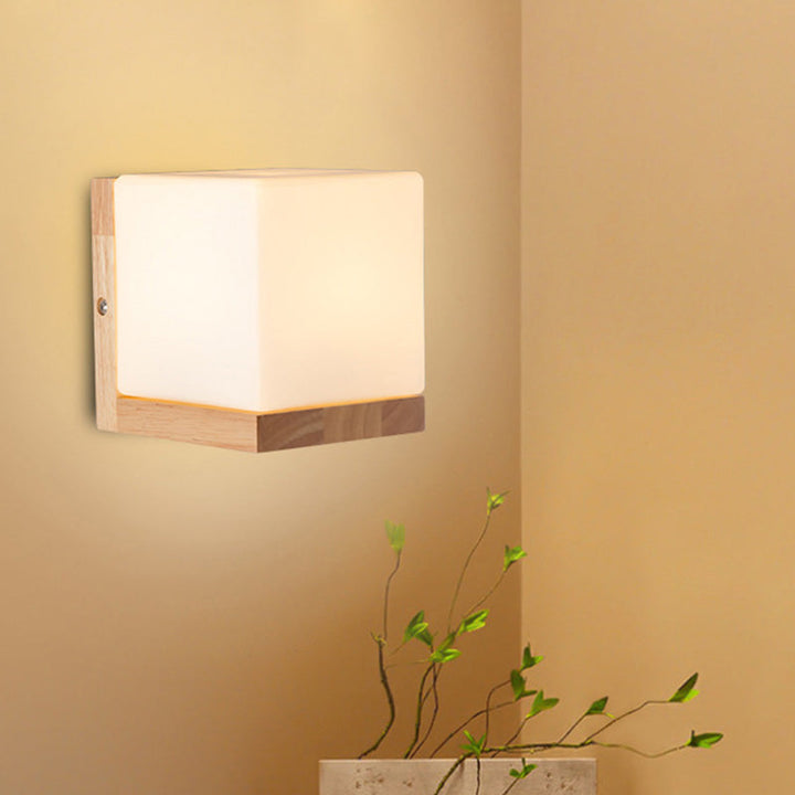 Lisslune | Cube-shaped Wall Light Nordic Style White Glass 1-light Nightstand Wall Lighting with Wood Backplate