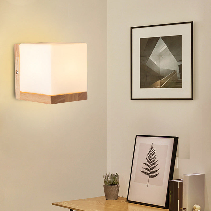 Lisslune | Cube-shaped Wall Light Nordic Style White Glass 1-light Nightstand Wall Lighting with Wood Backplate