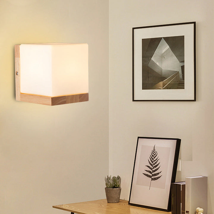 Lisslune | Cube-shaped Wall Light Nordic Style White Glass 1-light Nightstand Wall Lighting with Wood Backplate