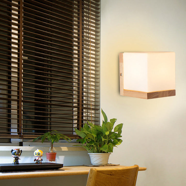 Lisslune | Cube-shaped Wall Light Nordic Style White Glass 1-light Nightstand Wall Lighting with Wood Backplate