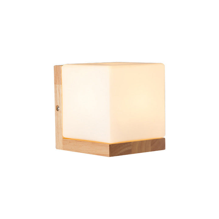 Lisslune | Cube-shaped Wall Light Nordic Style White Glass 1-light Nightstand Wall Lighting with Wood Backplate