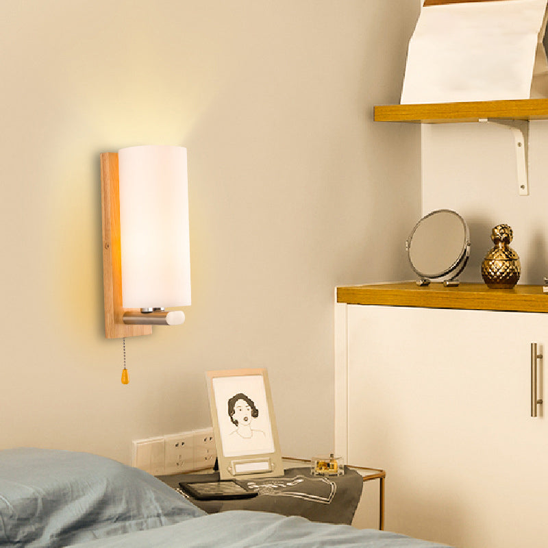 Lisslune | Cylindrical Night Wall Light White Glass Single Simplicity Wall Lamp Lighting with Pull Chain