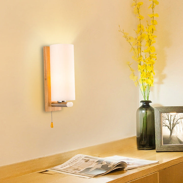 Lisslune | Cylindrical Night Wall Light White Glass Single Simplicity Wall Lamp Lighting with Pull Chain