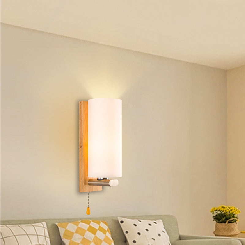 Lisslune | Cylindrical Night Wall Light White Glass Single Simplicity Wall Lamp Lighting with Pull Chain