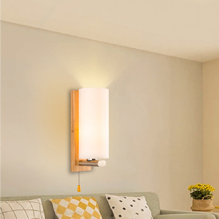 Lisslune | Cylindrical Night Wall Light White Glass Single Simplicity Wall Lamp Lighting with Pull Chain