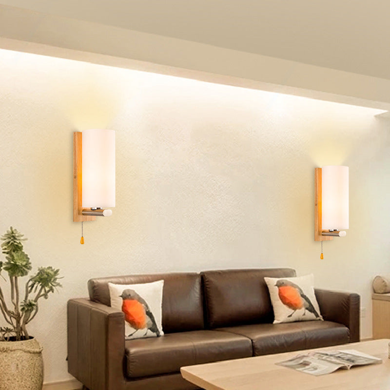 Lisslune | Cylindrical Night Wall Light White Glass Single Simplicity Wall Lamp Lighting with Pull Chain