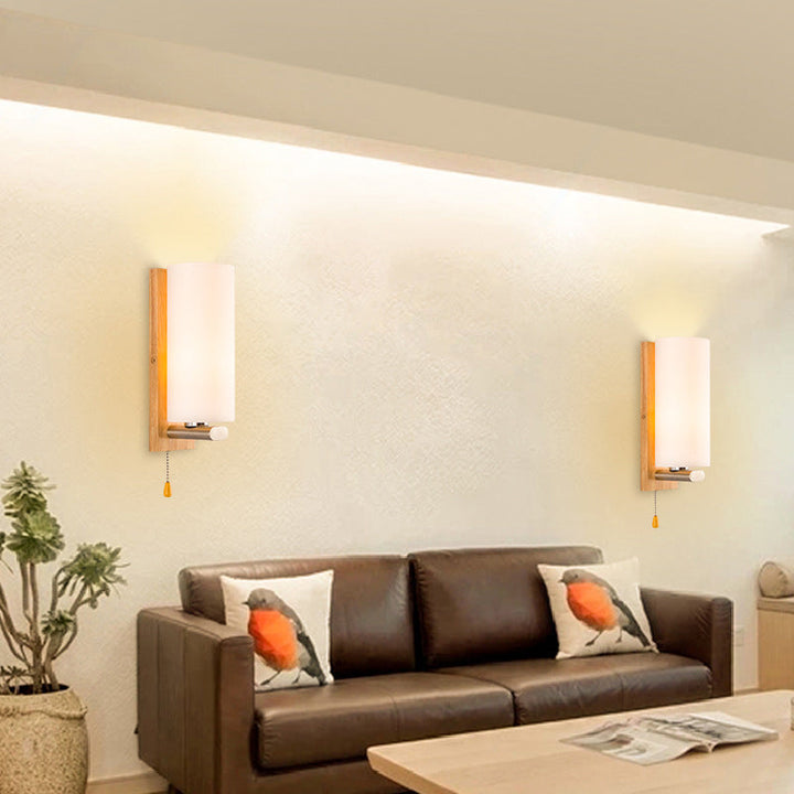 Lisslune | Cylindrical Night Wall Light White Glass Single Simplicity Wall Lamp Lighting with Pull Chain