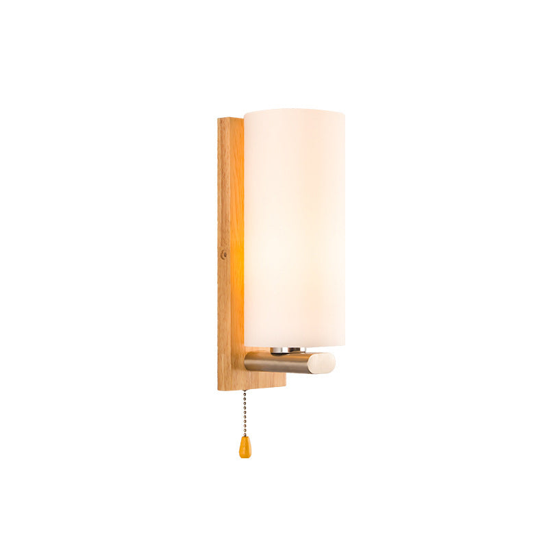 Lisslune | Cylindrical Night Wall Light White Glass Single Simplicity Wall Lamp Lighting with Pull Chain