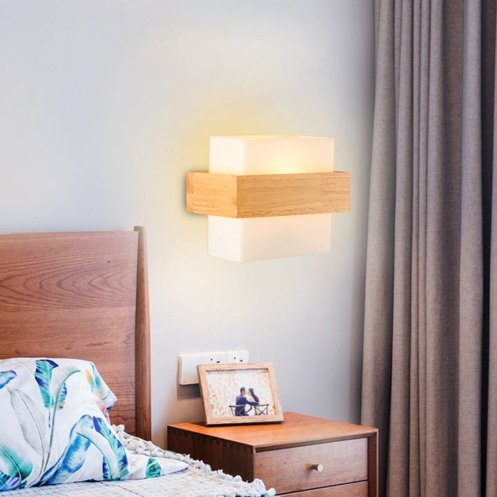 Lisslune | White Glass Rectangular Wall Lamp Modern Recessed Light with Wood Decor and Single Bulb