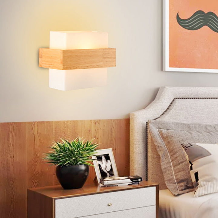 Lisslune | White Glass Rectangular Wall Lamp Modern Recessed Light with Wood Decor and Single Bulb