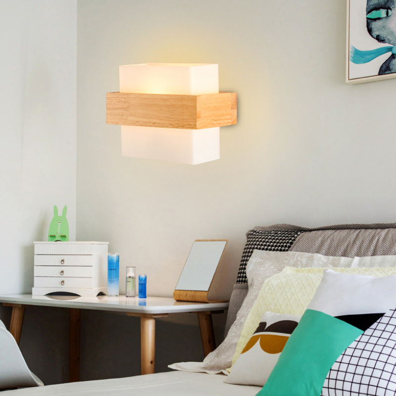 Lisslune | White Glass Rectangular Wall Lamp Modern Recessed Light with Wood Decor and Single Bulb