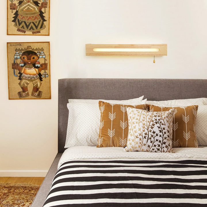 Lisslune | Simplicity Rectangular LED Wall Mounted Lamp Wooden Nightstand Wall Light with Pull Chain