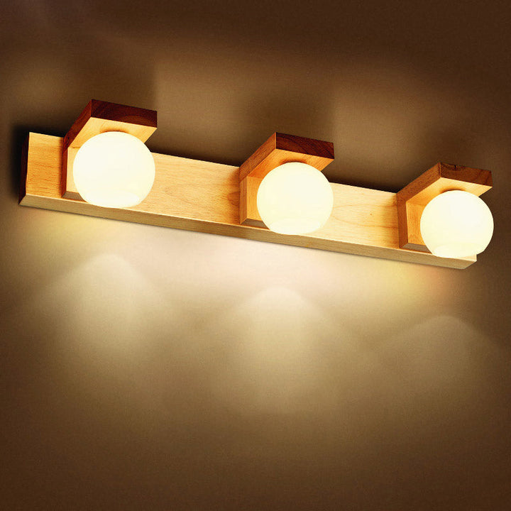 Lisslune | Simplicity Globe Wall Lighting Light White Glass Bathroom LED Mirror Light with Wood Back Panel