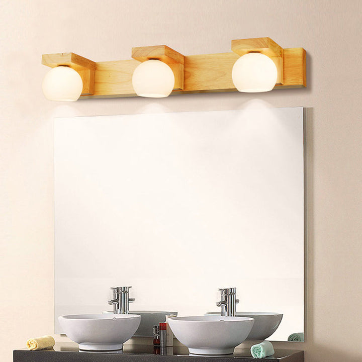 Lisslune | Simplicity Globe Wall Lighting Light White Glass Bathroom LED Mirror Light with Wood Back Panel