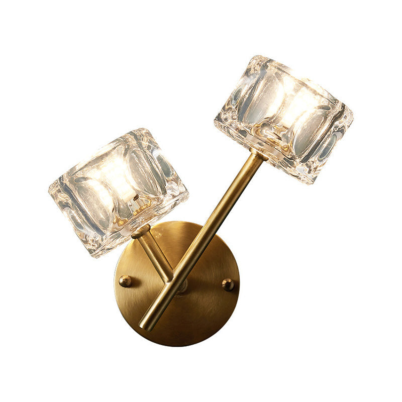 Lisslune | 1/2-Light Bedroom Wall Lighting Contemporary Style Brass Finish with Square Clear Crystal Shade