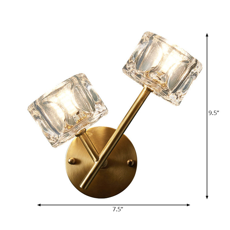 Lisslune | 1/2-Light Bedroom Wall Lighting Contemporary Style Brass Finish with Square Clear Crystal Shade