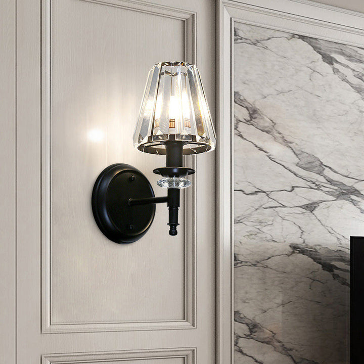 Lisslune | Clear Crystal Cone Wall Mount Light Contemporary Style 1 Bulb Black Surface Wall Light for Bedroom