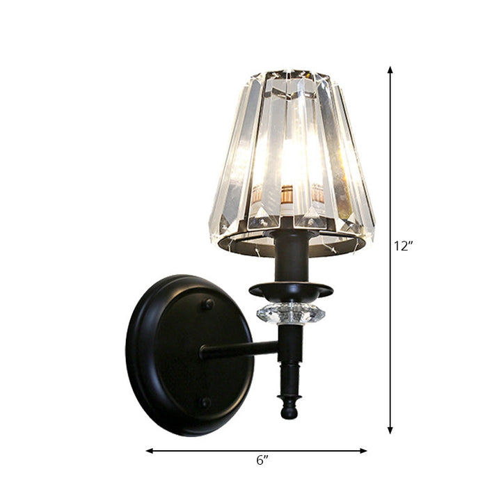 Lisslune | Clear Crystal Cone Wall Mount Light Contemporary Style 1 Bulb Black Surface Wall Light for Bedroom