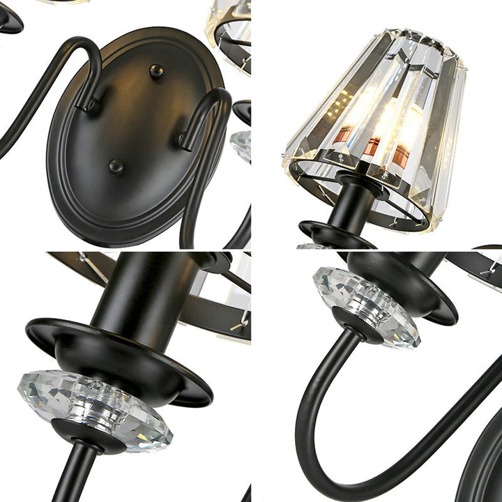 Lisslune | Clear Crystal Cone Wall Mount Light Contemporary Style 1 Bulb Black Surface Wall Light for Bedroom