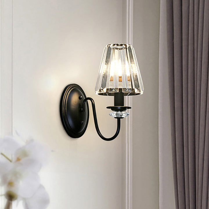 Lisslune | Clear Crystal Cone Wall Mount Light Contemporary Style 1 Bulb Black Surface Wall Light for Bedroom