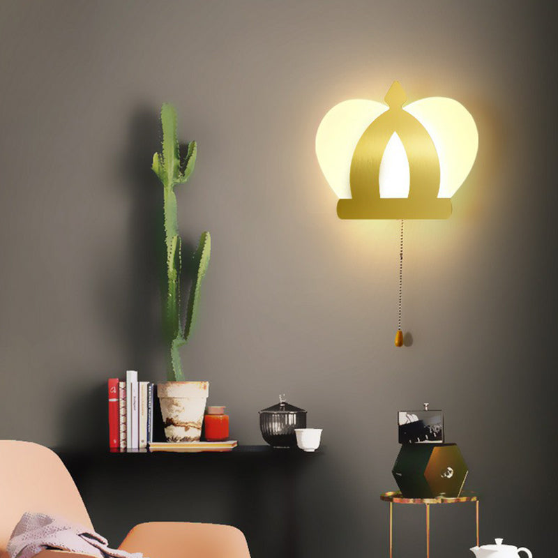 Lisslune | Crown Acrylic Wall Light Modern Style Gold LED Wall Lighting with Pull Chain for Bedroom
