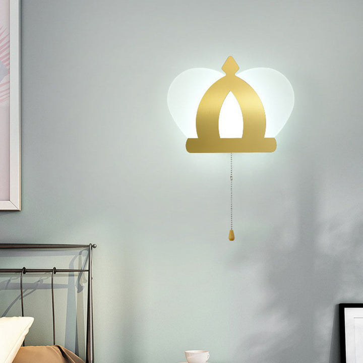 Lisslune | Crown Acrylic Wall Light Modern Style Gold LED Wall Lighting with Pull Chain for Bedroom