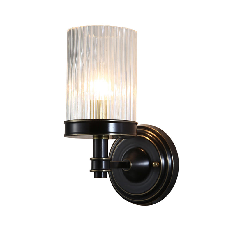Skørter | Cylinder Wall Lamp Vintage Stylish Clear Ribbed Glass 1 Lamp Black/Gold Finish Wall Lamp Attachment for Living Room