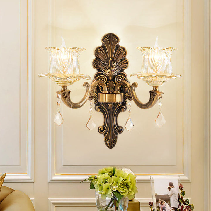 Lisslune | 1/2-Light Living Room Wall Mount Lamp Vintage Style Brass Wall Light with Flower Clear Structured Glass Shade