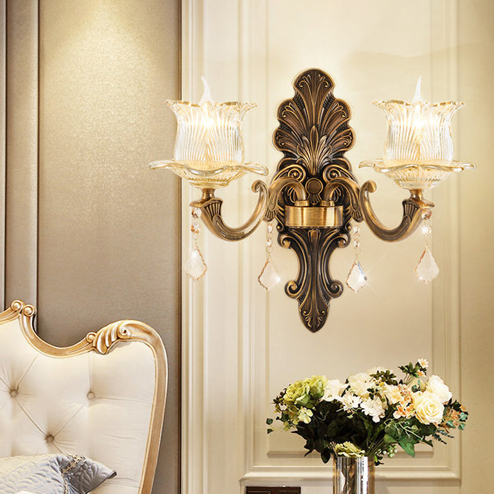 Lisslune | 1/2-Light Living Room Wall Mount Lamp Vintage Style Brass Wall Light with Flower Clear Structured Glass Shade