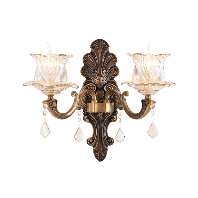 Lisslune | 1/2-Light Living Room Wall Mount Lamp Vintage Style Brass Wall Light with Flower Clear Structured Glass Shade