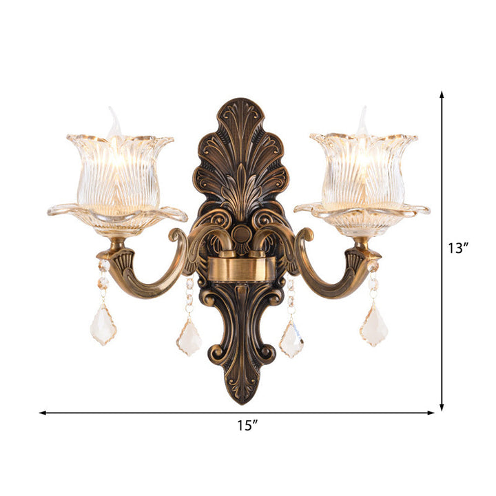 Lisslune | 1/2-Light Living Room Wall Mount Lamp Vintage Style Brass Wall Light with Flower Clear Structured Glass Shade