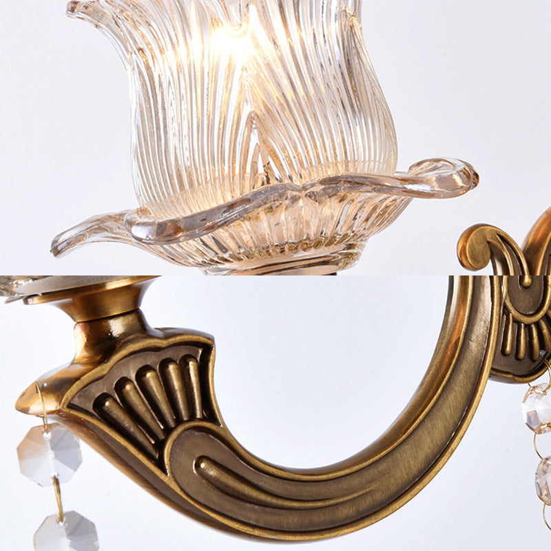Lisslune | 1/2-Light Living Room Wall Mount Lamp Vintage Style Brass Wall Light with Flower Clear Structured Glass Shade