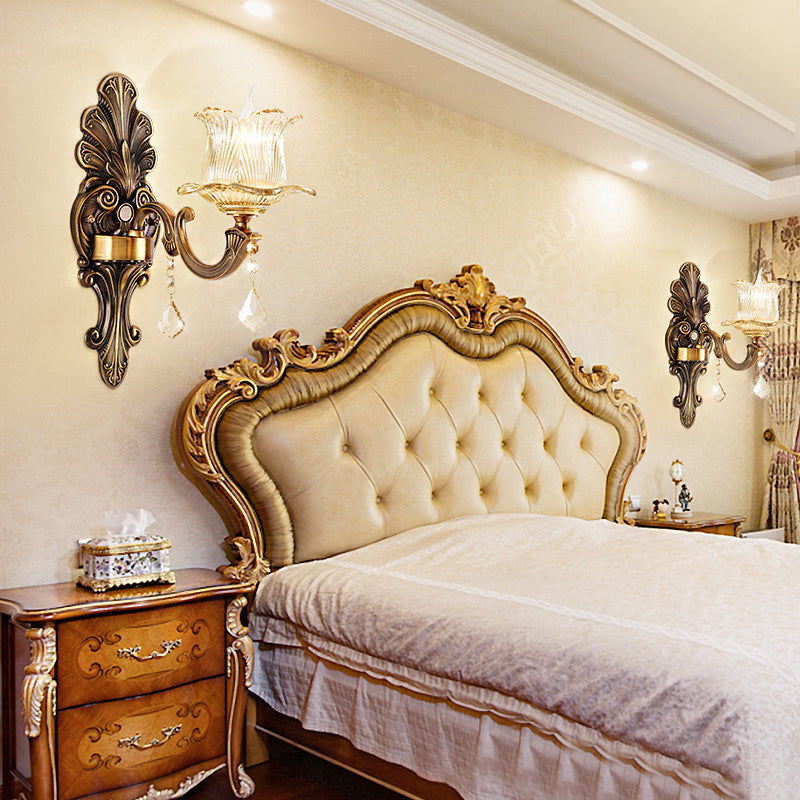 Lisslune | 1/2-Light Living Room Wall Mount Lamp Vintage Style Brass Wall Light with Flower Clear Structured Glass Shade