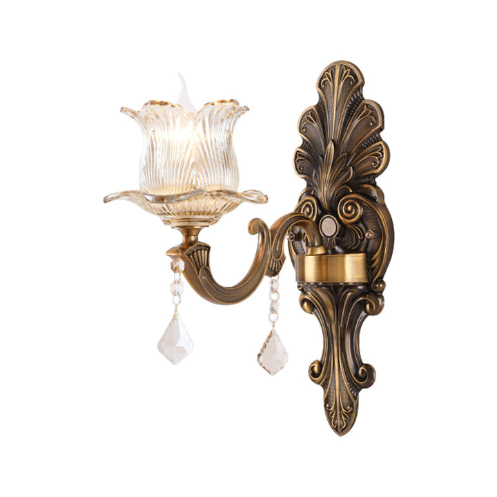 Lisslune | 1/2-Light Living Room Wall Mount Lamp Vintage Style Brass Wall Light with Flower Clear Structured Glass Shade