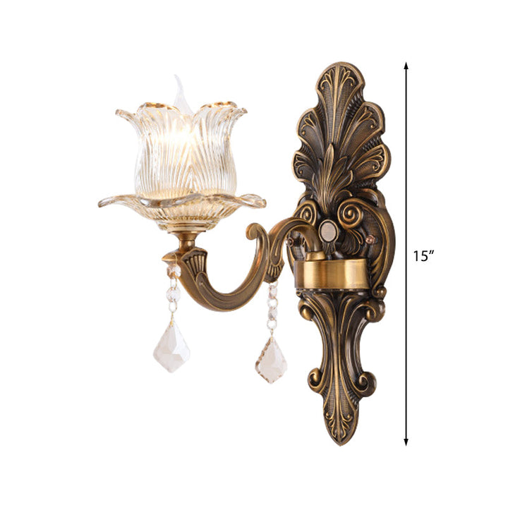 Lisslune | 1/2-Light Living Room Wall Mount Lamp Vintage Style Brass Wall Light with Flower Clear Structured Glass Shade