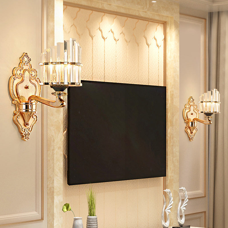 Lisslune | Clear Crystal Block Wall Light Modern Style 1/2-Light Wall Lamp with Carved Back in Brass