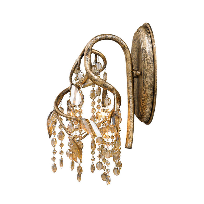 Lisslune | Branching Wall-Mounted Lighting Vintage Metal 1 Bulb Brass Finish Wall Light with Amber Crystal Bead Accent