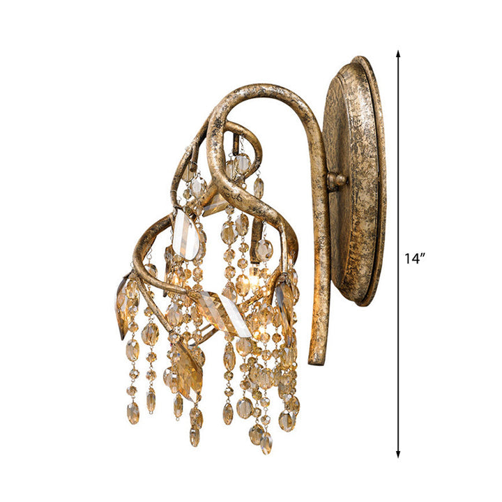 Lisslune | Branching Wall-Mounted Lighting Vintage Metal 1 Bulb Brass Finish Wall Light with Amber Crystal Bead Accent