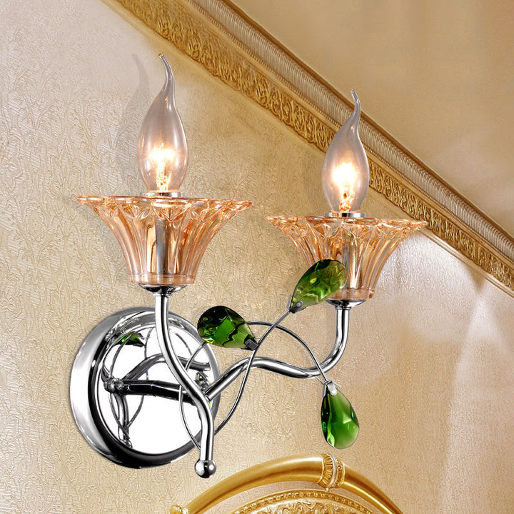 Lisslune | Bell Amber Glass Wall Light Vintage Stylish 2 Light Chrome Wall Lamp with Green Drop Crystal Decor