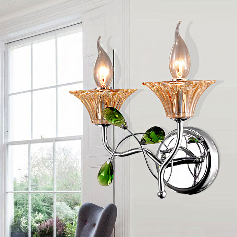 Lisslune | Bell Amber Glass Wall Light Vintage Stylish 2 Light Chrome Wall Lamp with Green Drop Crystal Decor