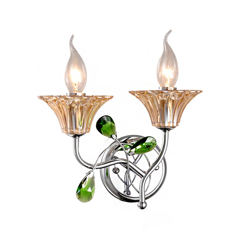 Lisslune | Bell Amber Glass Wall Light Vintage Stylish 2 Light Chrome Wall Lamp with Green Drop Crystal Decor
