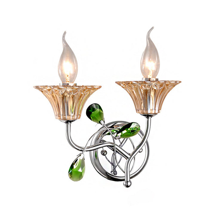 Lisslune | Bell Amber Glass Wall Light Vintage Stylish 2 Light Chrome Wall Lamp with Green Drop Crystal Decor