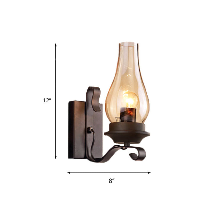 Skørter | Single Light Amber Glass Wall Lamp Vintage Style Matte Black Kerosene Living Room Wall Sconce with Curved Arm