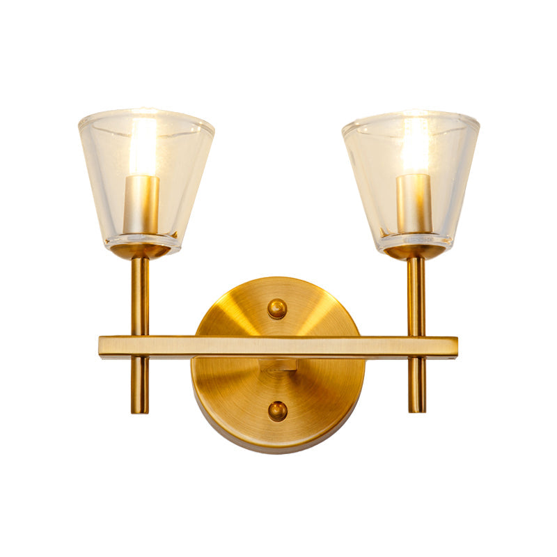 Skørter | 1/2-Light Clear Glass Wall Lamp Modern Style Golden Cone Bedroom Wall Light with Sleek Arm