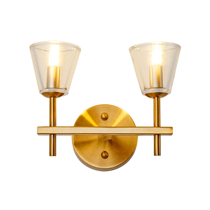 Skørter | 1/2-Light Clear Glass Wall Lamp Modern Style Golden Cone Bedroom Wall Light with Sleek Arm