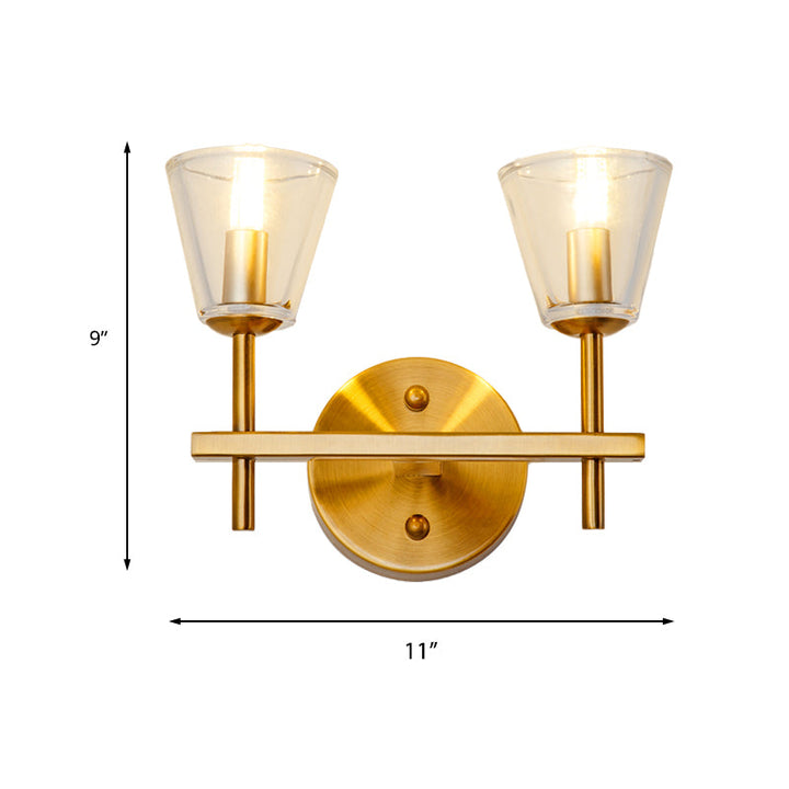 Skørter | 1/2-Light Clear Glass Wall Lamp Modern Style Golden Cone Bedroom Wall Light with Sleek Arm